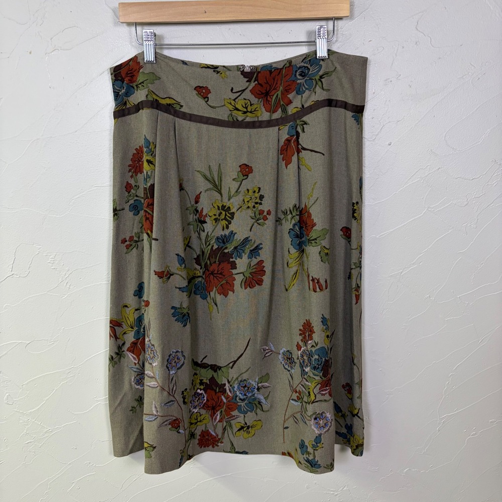 Cabi Floral Midi Skirt Womens 8 Taupe‎ Brown Viscose Pleated A Line Cottagecore